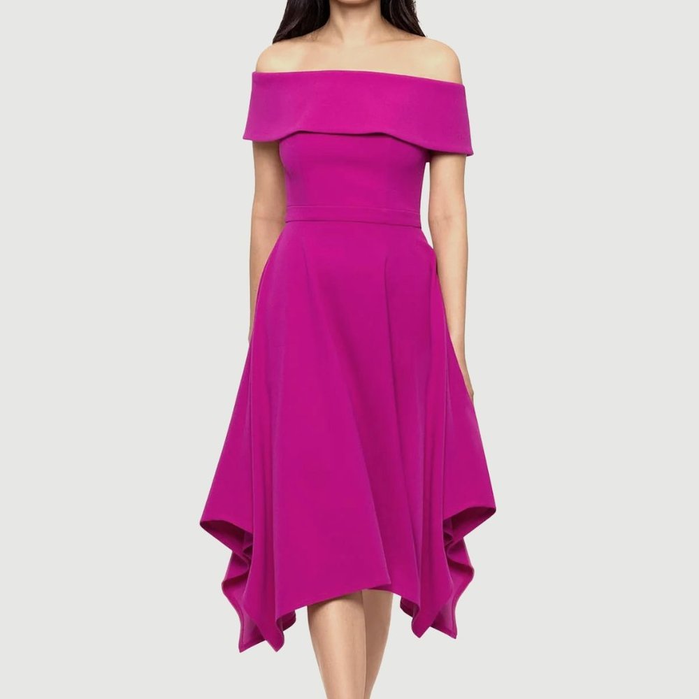 Fusia Magenta Pink Off-The-Shoulder Handkerchief Hem Party Dress